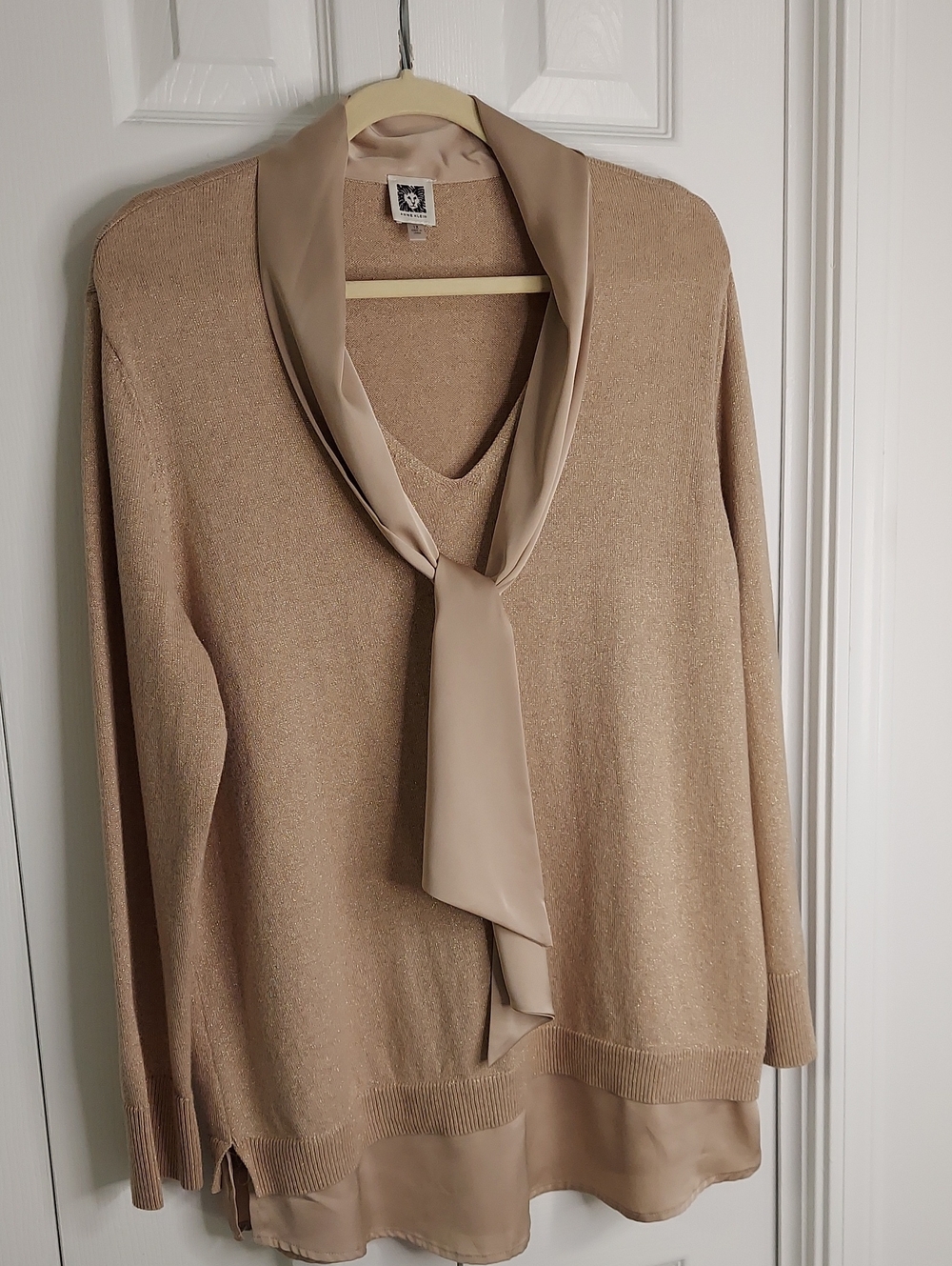 Anne Klein, Size 1X, Sweater, Gold Shimmer, Silky Tie, Cashmere
